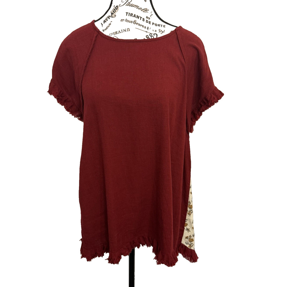 Umgee Women’s Linen Blend Tunic Top Small Maroon With Multicolor Back Fringed